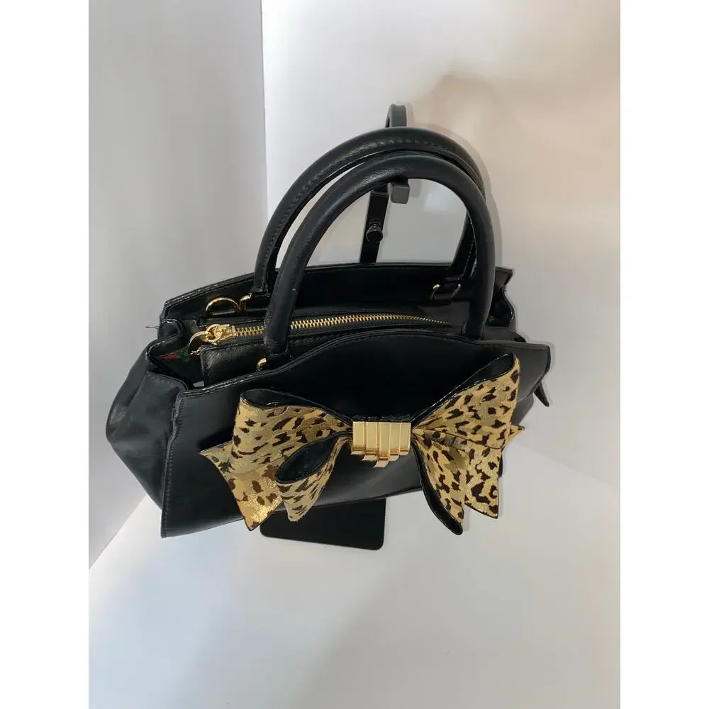 Betsey Johnson Black Satchel Handbag with Leopard Bow Accent